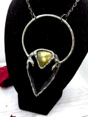 Obsidian arrowhead and labradorite crystal statement necklace handmade